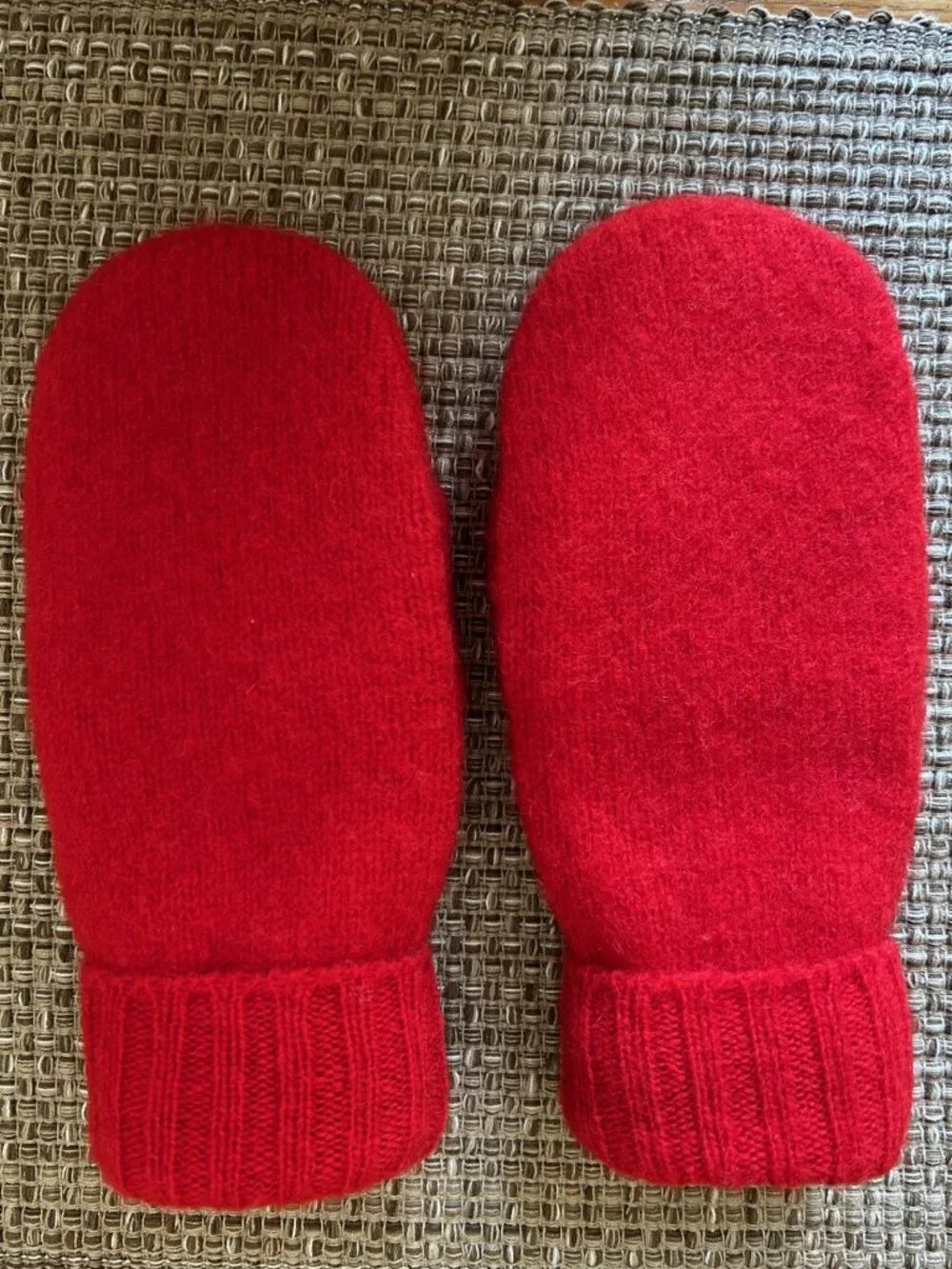 Red Felted 100% Pure Shetland Wool  Mittens handcrafted from Repurposed Sweater